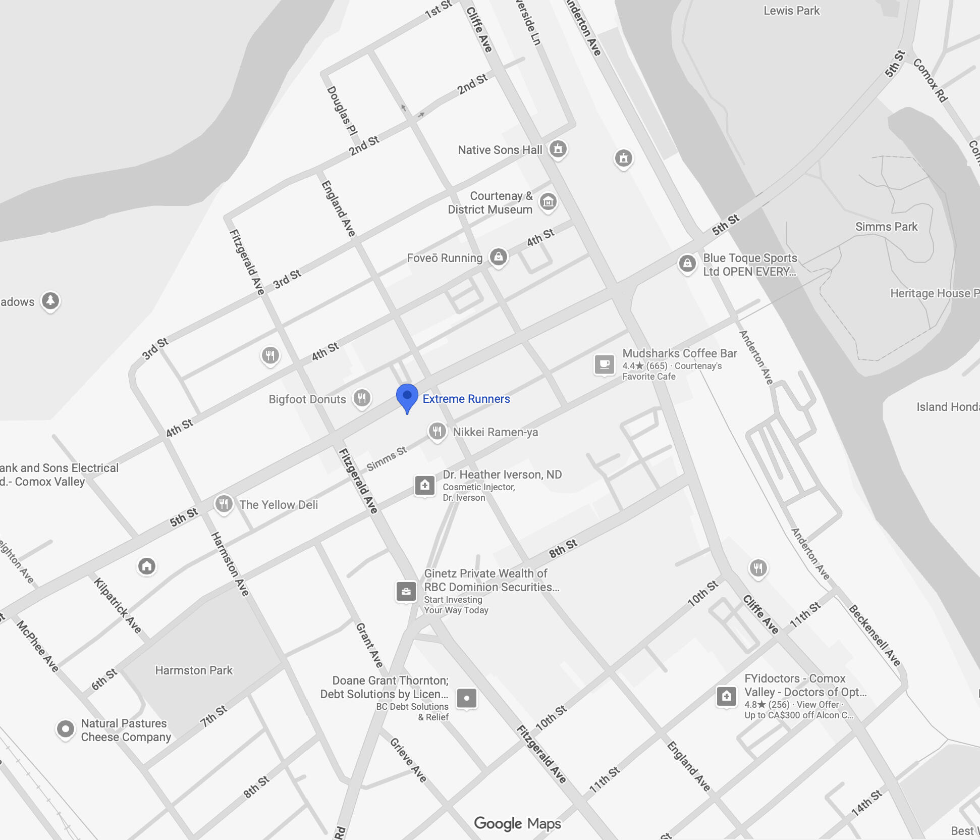 Map showing Extreme Runners footwear store in downtown Courtenay, BC, near 5th Street and Fitzgerald Avenue in the Comox Valley.